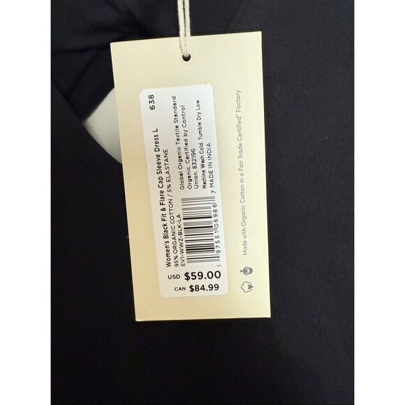Pact Black Organic Cotton Stretch Fit & Flare Cap Sleeve Midi Dress Large NWT - Picture 2 of 4